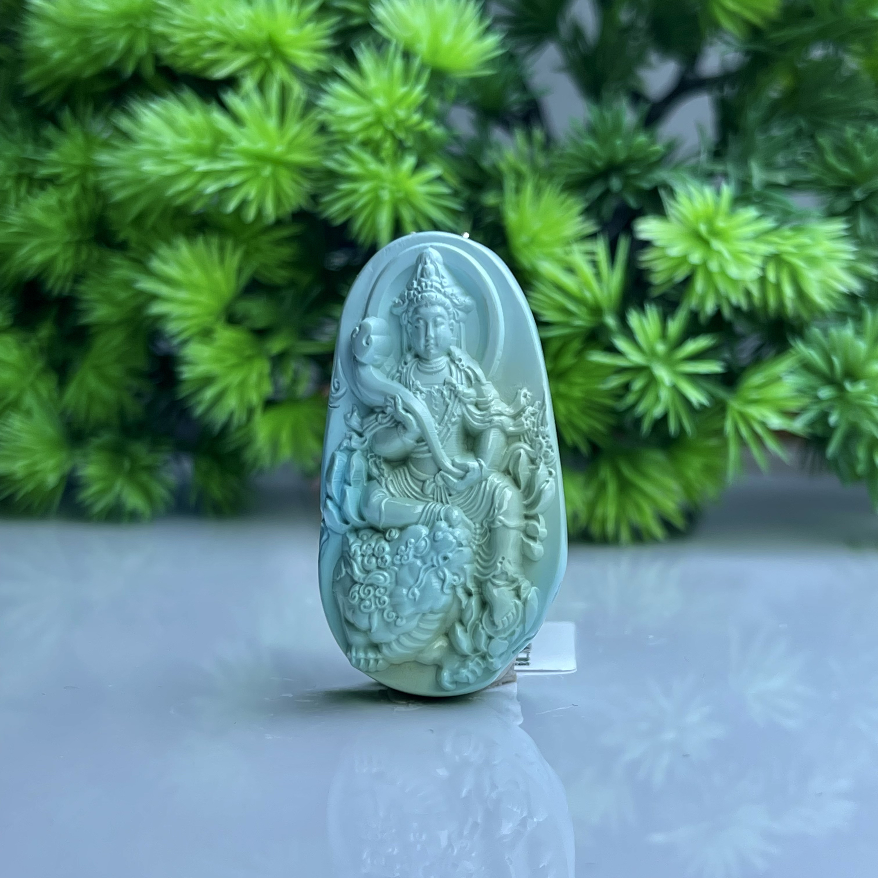 天然原矿绿松石高瓷文殊菩萨吊坠