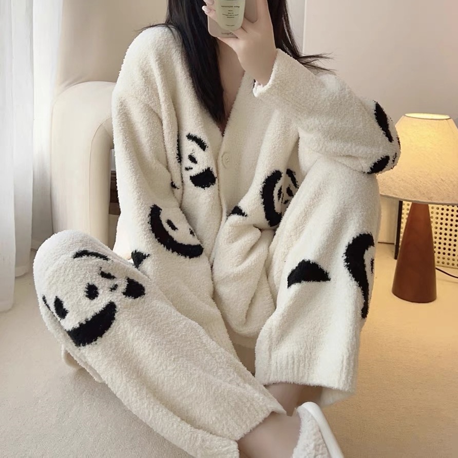 女款半边绒家居服套装针织衫宽松睡衣保暖