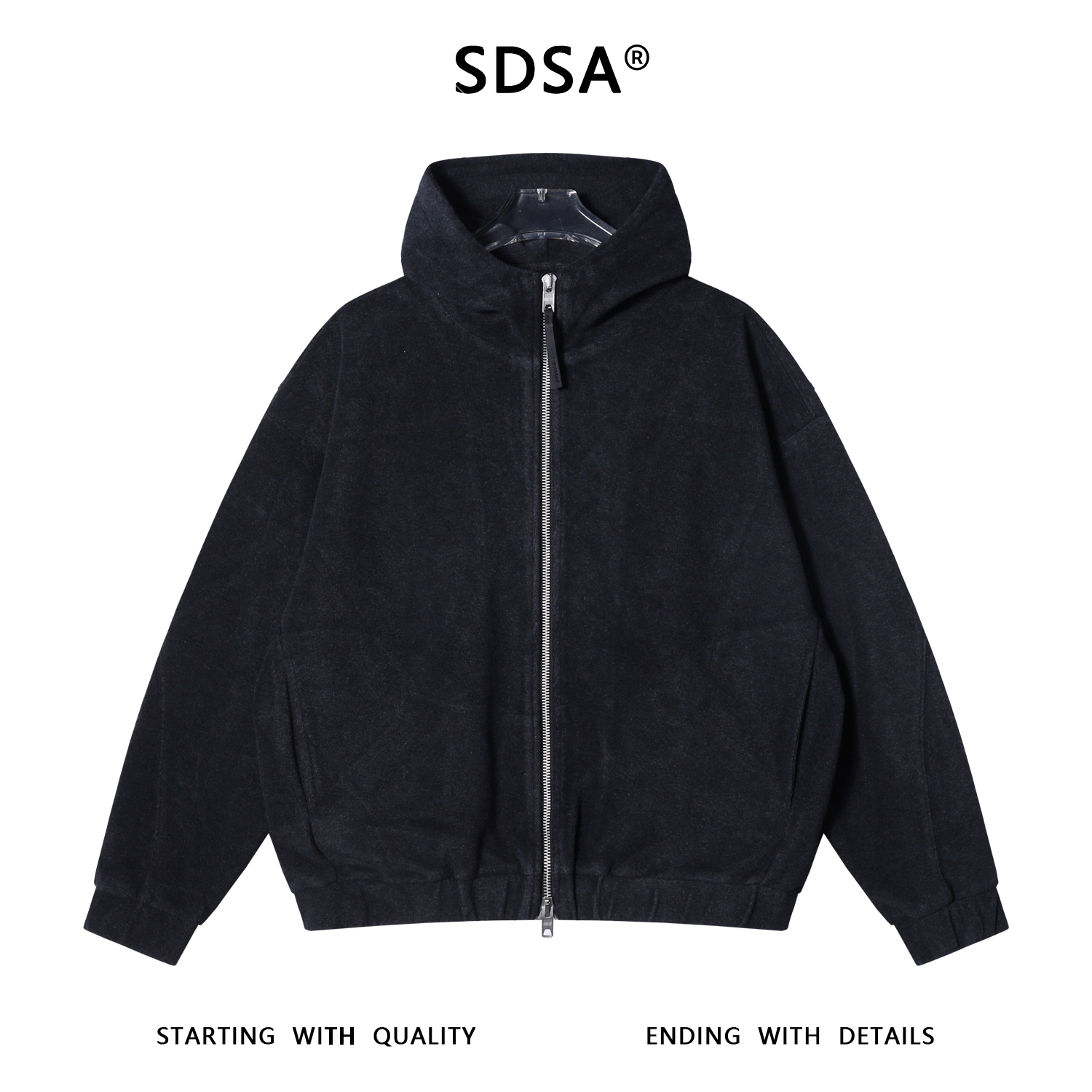 SDSA秋冬新款痞帅男装韩版纯色绒面拉链立领连帽卫衣百搭开衫外套