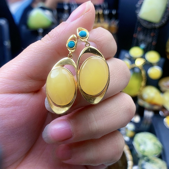 琥珀裸石银S925镶嵌耳坠