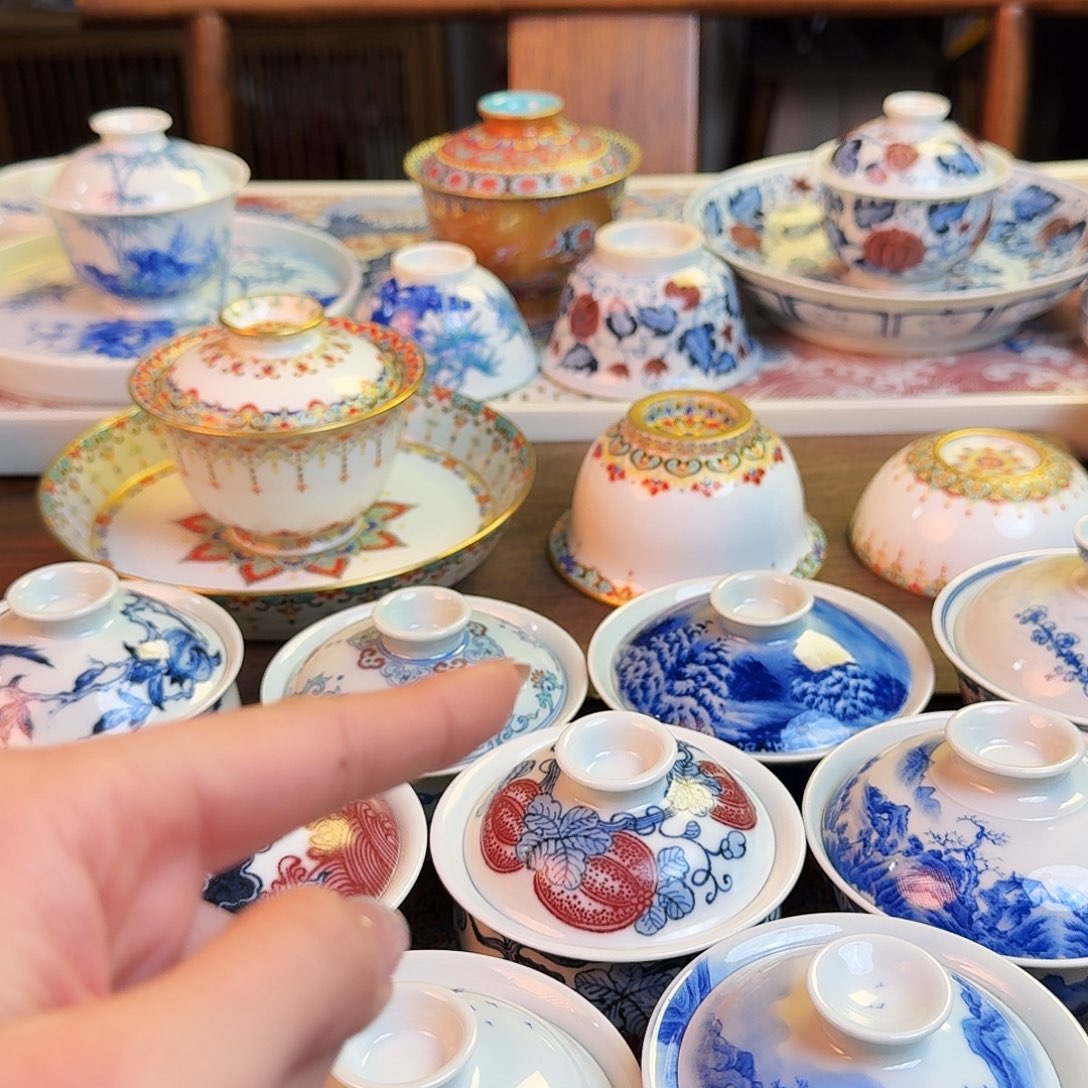 杯蜗***快重工青花釉里红点工盖碗加壶乘