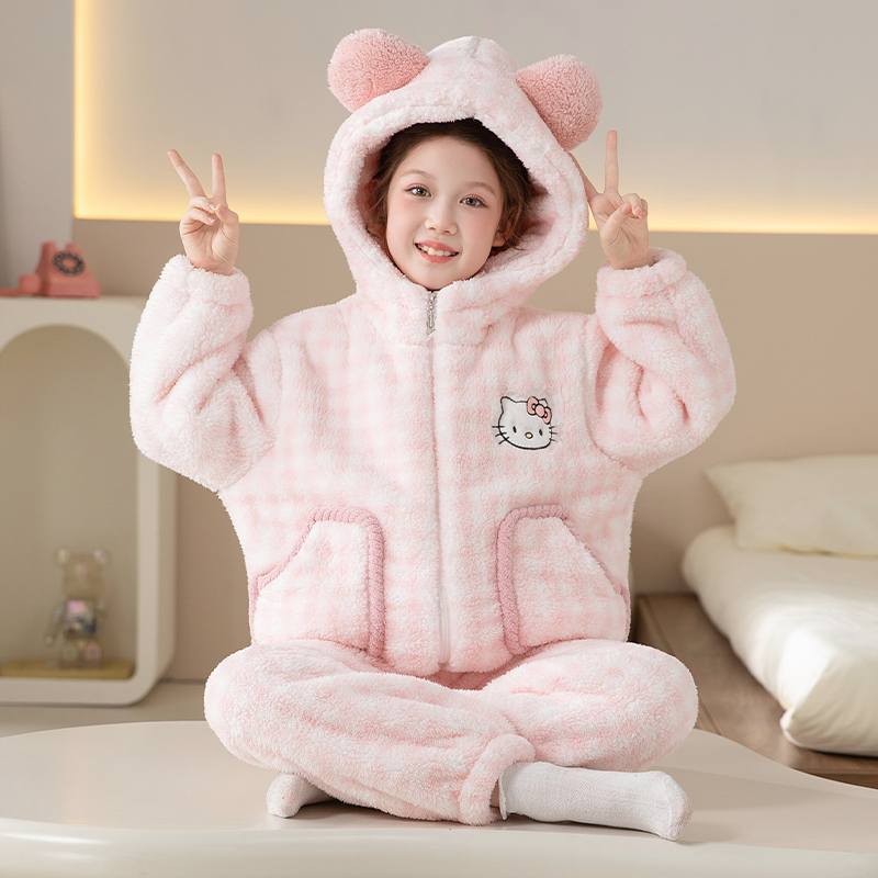 冬季法兰绒儿童睡衣可爱女童套装中大童小女孩公主连帽开衫家居服