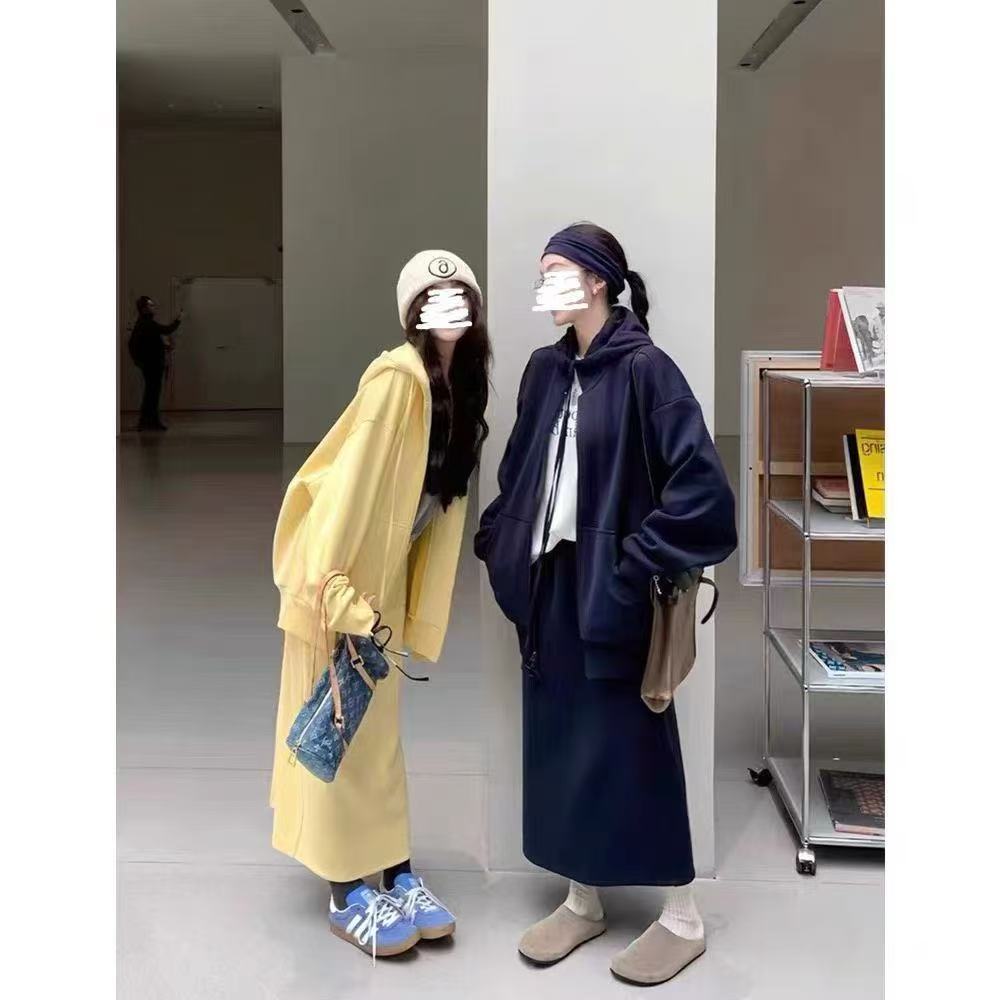 休闲连帽外套+开叉半身裙两件套时尚宽松百搭
