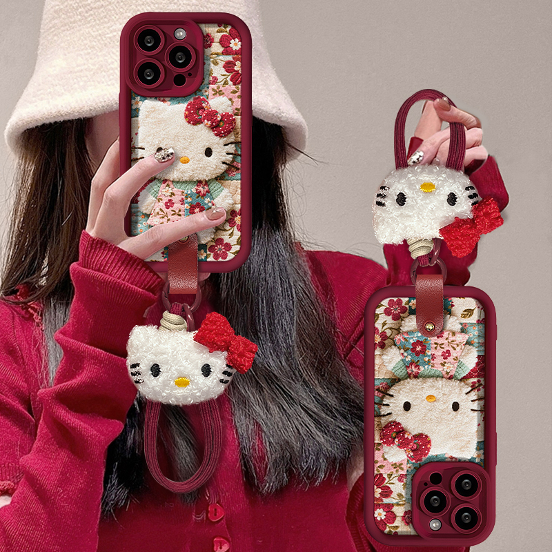 碎花KT猫适用于苹果17华为vivo/oppo小米iPhone16天眼羊皮手机壳