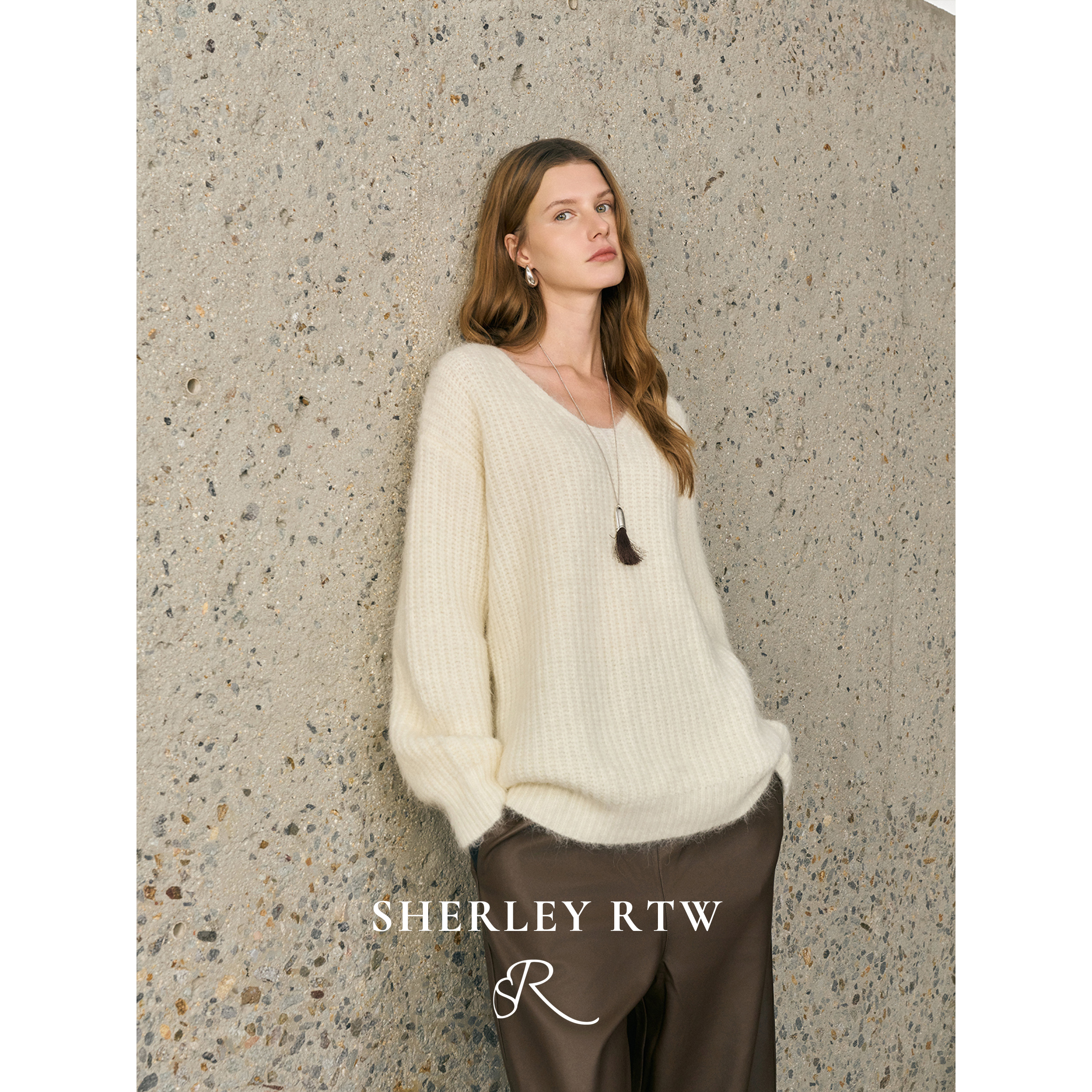 SHERLEY RTW北国雪松/超仙气慵懒重磅羊驼毛混纺拉毛V领廓形毛衣