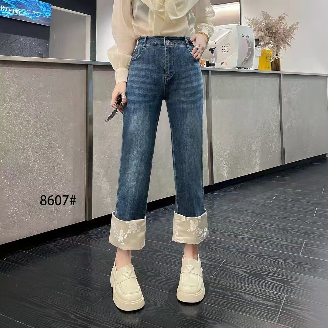 芃8607烟管裤女高腰九分裤牛仔裤百搭休闲时尚复古拼接大码牛仔裤