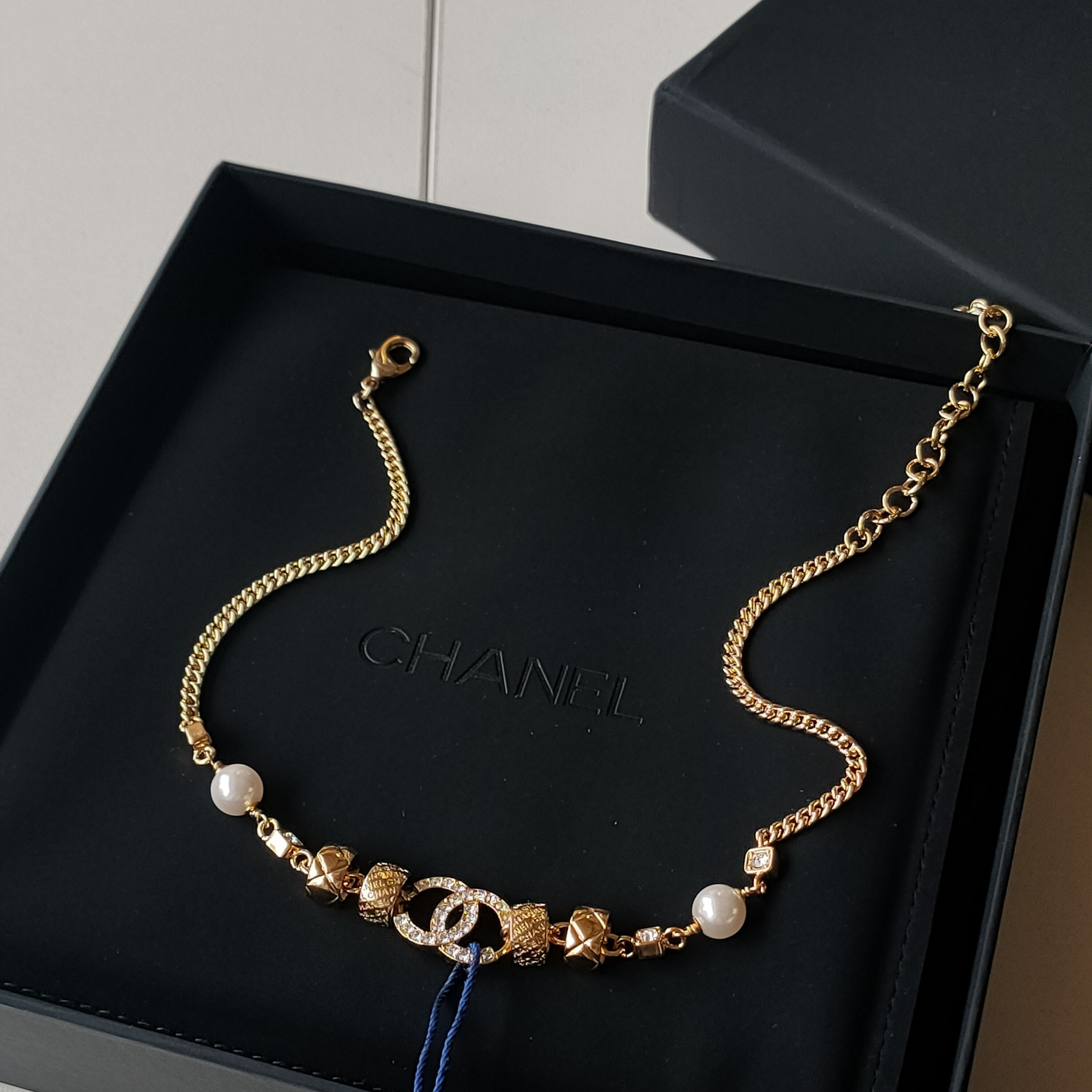 99新 Chanel/香奈儿 24P金色coco crush珍珠亮钻双C项链 44697