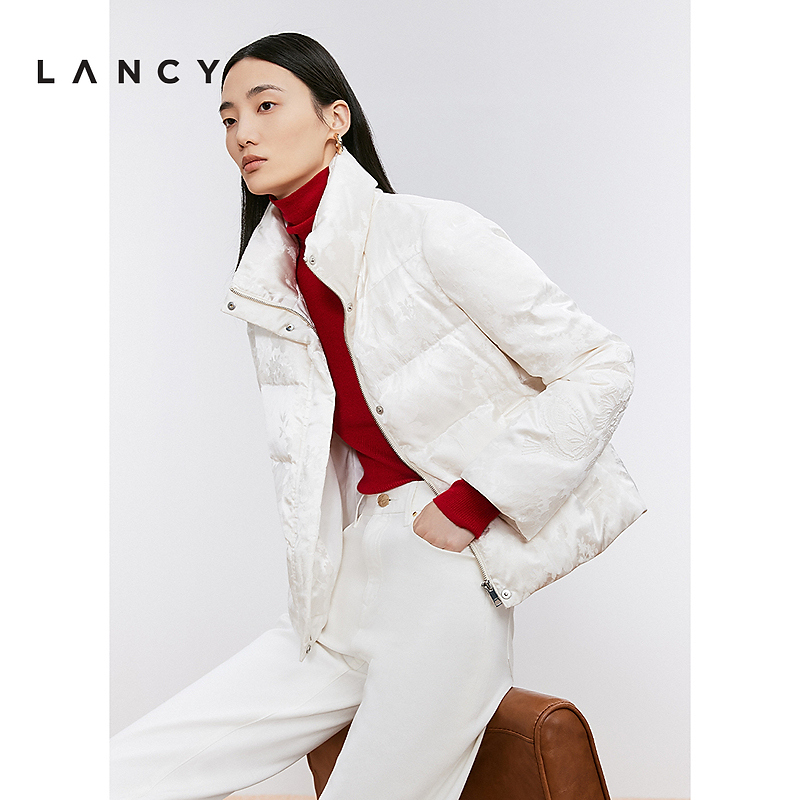 【90白鹅绒】LANCY/朗姿冬新款新中式提花国风刺绣短款羽绒服