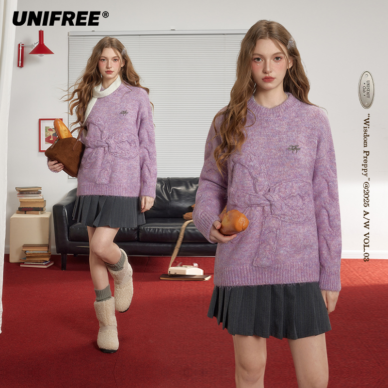 【云c专属】UNIFREE紫色蝴蝶结套头毛衣253K512B1B1