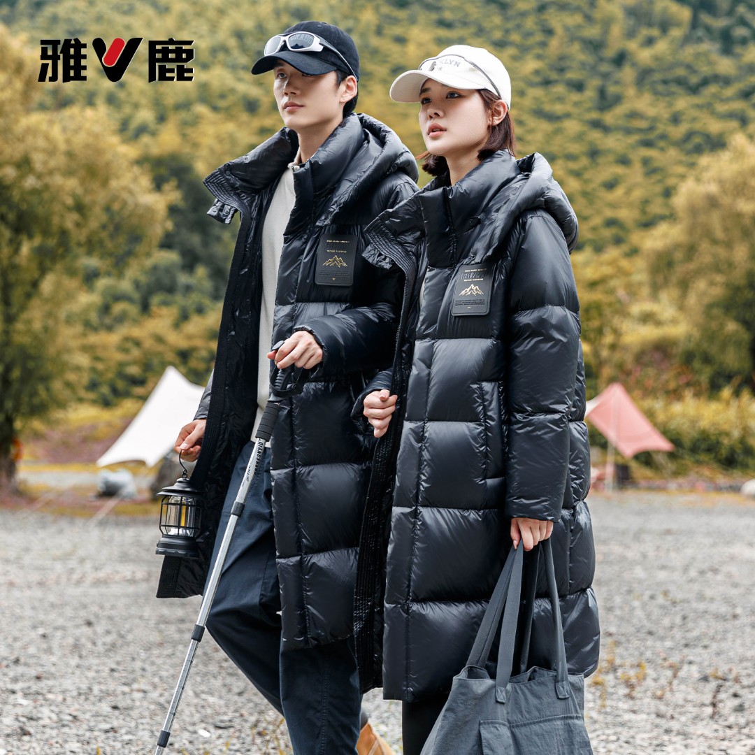 雅鹿黑色长款连帽羽绒服男女同款冬季新款保暖加厚防寒羽绒衣外套