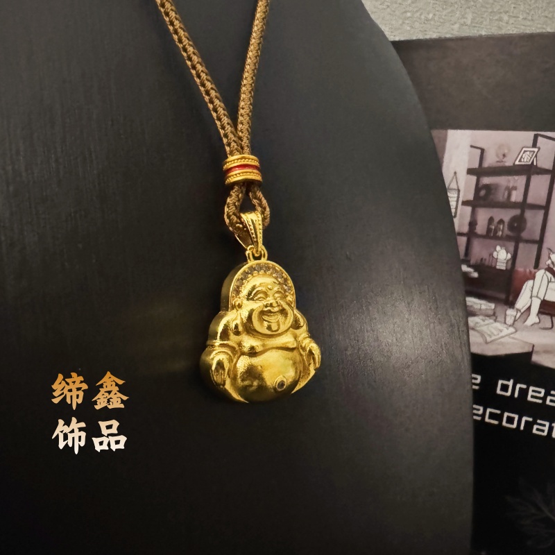 铜合金吊坠 笑佛纳福吊坠金色弥勒佛笑脸佛项链中式古法镶嵌吊坠