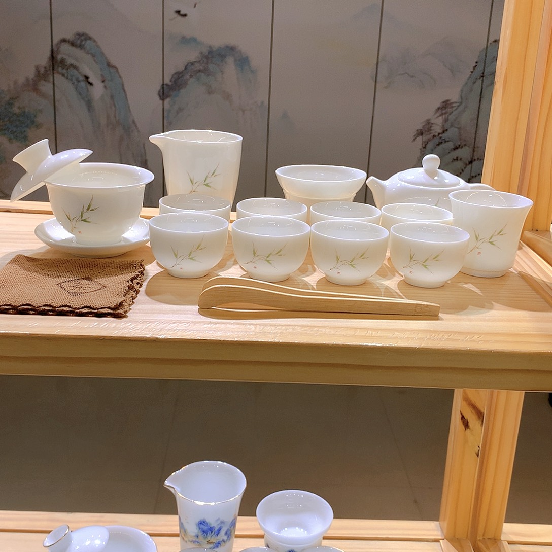 羊脂玉瓷竹报平安16件套功夫茶具