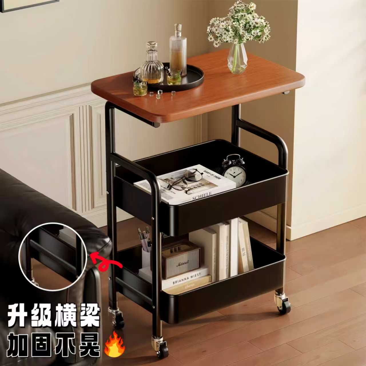 奶油简约收纳卧室客厅浴室夹缝落地可移动零食储物架两层小推车  