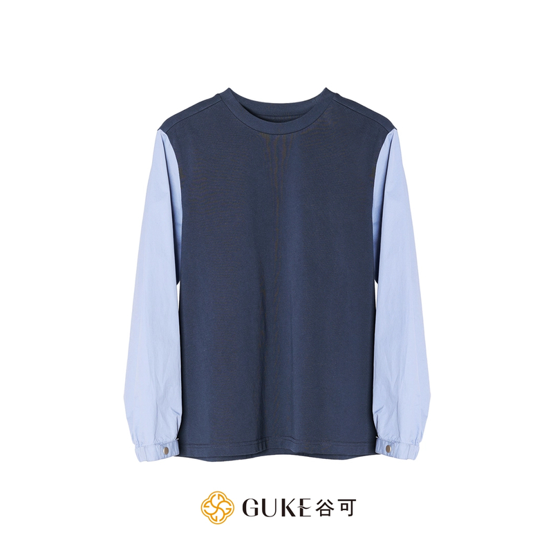 GKE/谷可C1253休闲撞色衬衫女2025春秋季拼接假两件圆领针织上衣