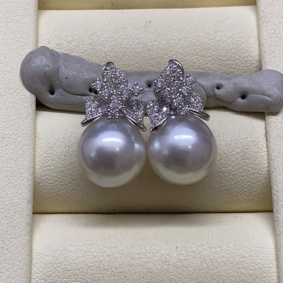 银S925镶嵌耳饰海水珍珠澳白耳饰11-12m m