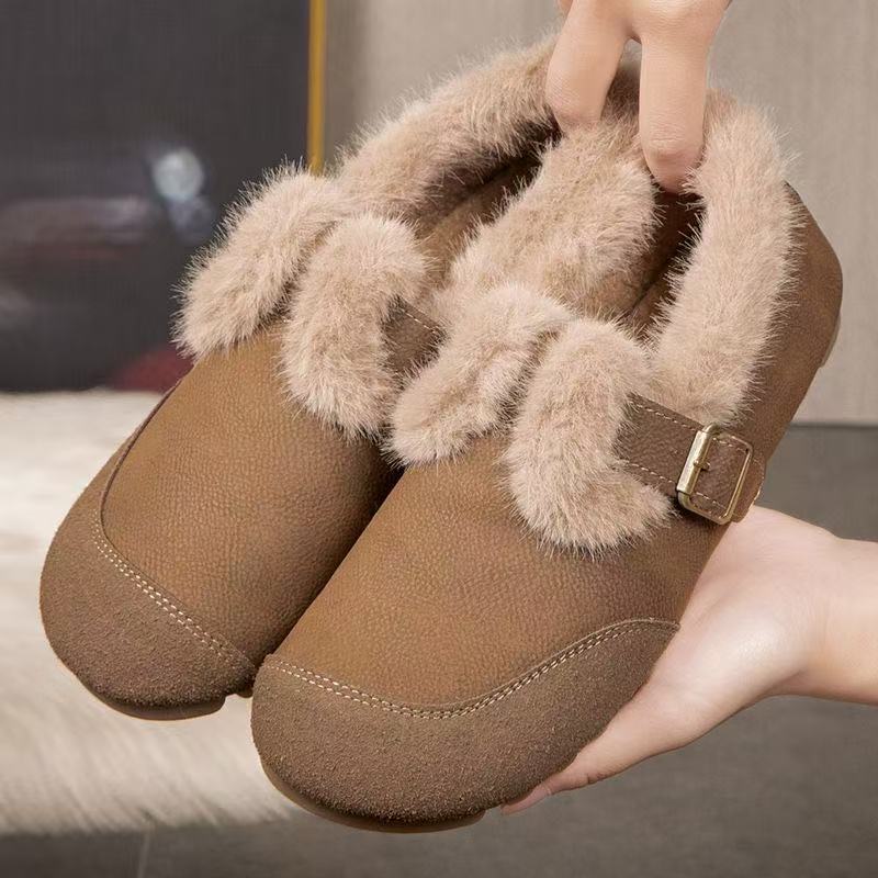 2025冬季新款复古加绒圆头平底一脚蹬保暖豆豆鞋女磨砂休闲棉鞋