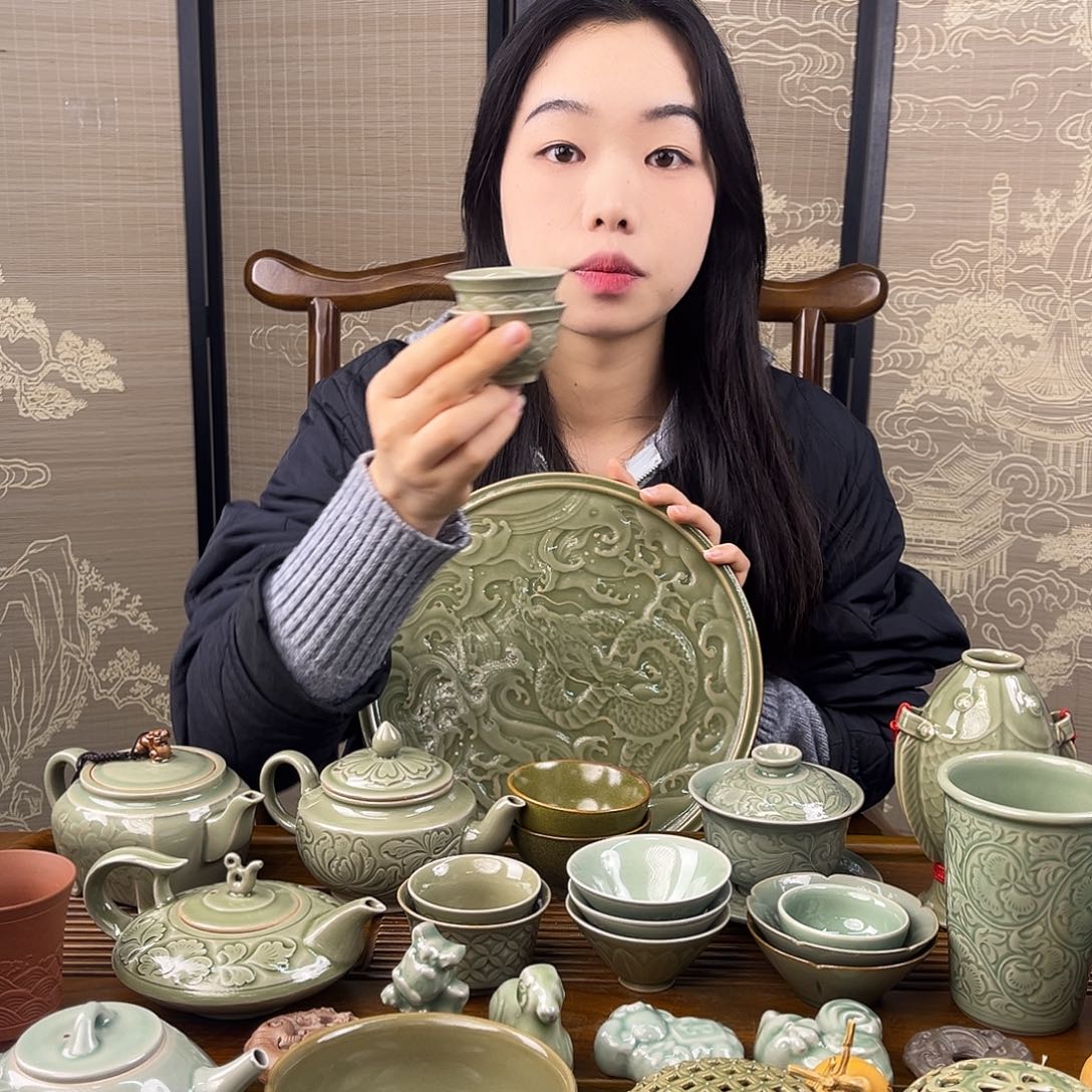 耀州窑青瓷海浪杯一对