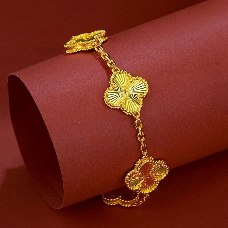 足银手链 四叶草五花手链经典镭射红色厚版礼盒装轻奢 足银镀K金