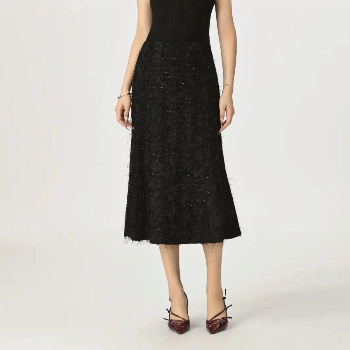 AMASS/阿玛施 舒适高级优雅女人味立体贴花鱼尾造型半身裙5200404