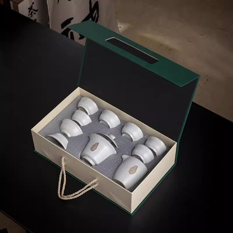 哥窑禅茶礼盒德化哥窑家用茶具盖碗一整套礼盒装轻奢青瓷高档茶杯