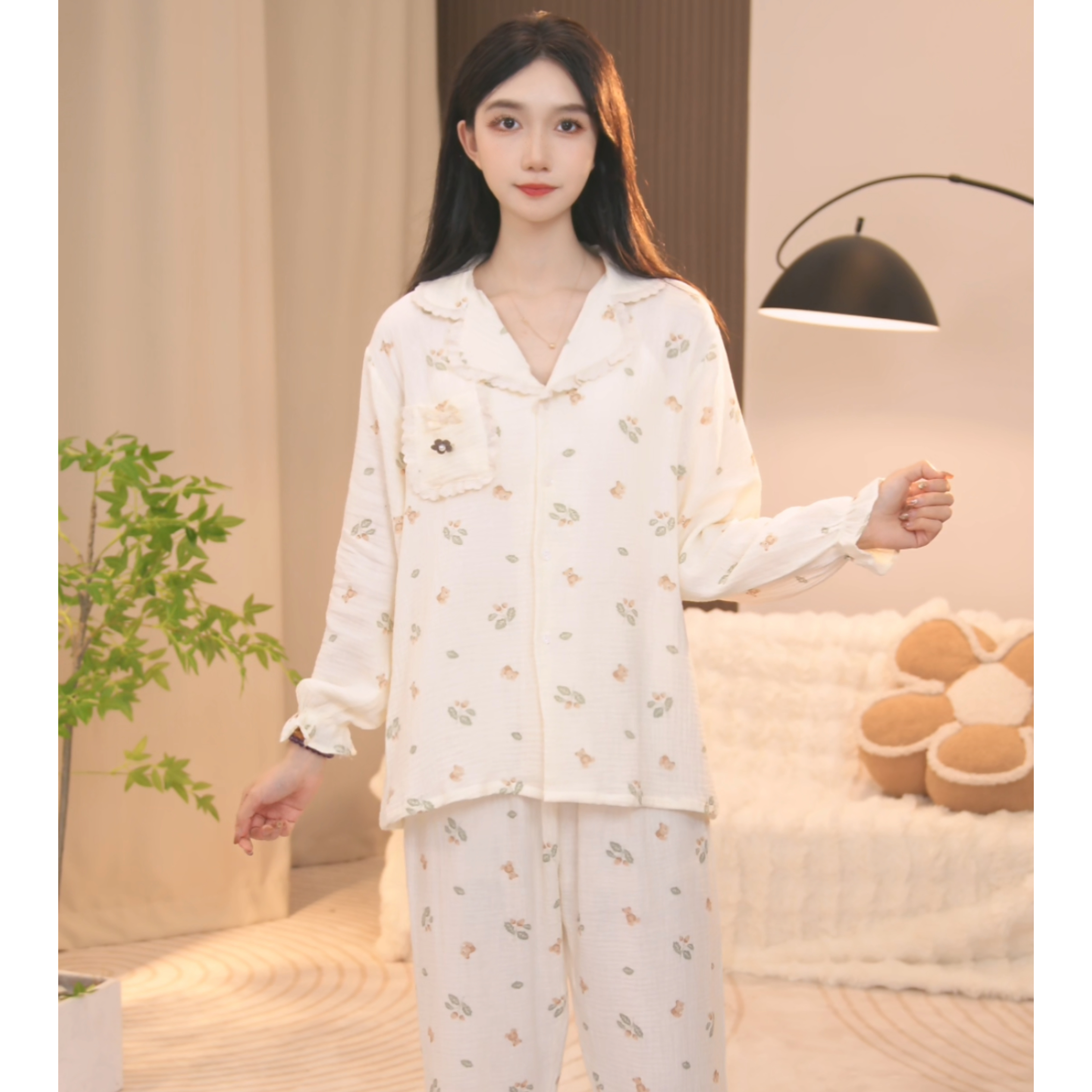 琪琪家【抱棉熊】春夏款时尚舒适睡衣女士套装可外穿家居服AQQ