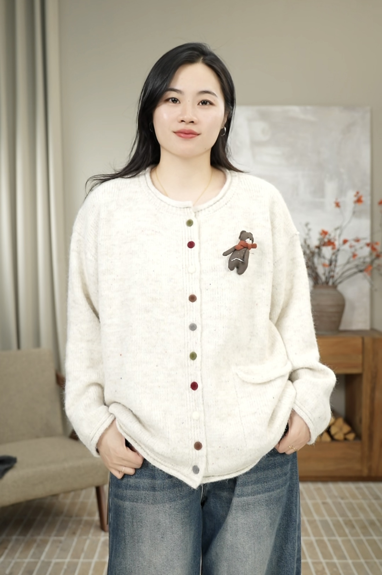 九月JIUYUE秋冬宽松显瘦立体小熊绵羊毛针织彩扣显瘦毛衣女 219