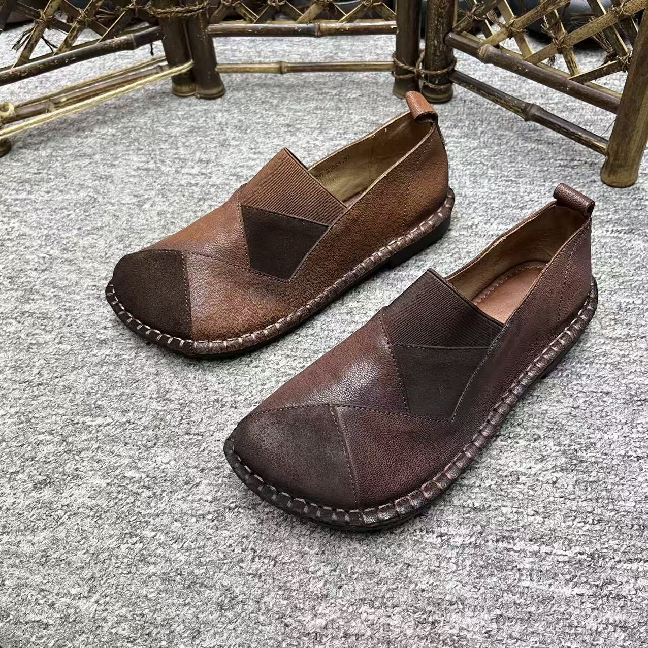 1880-56轻便秋季圆头中口透气拼色单鞋平底民族风妈妈鞋复古时尚