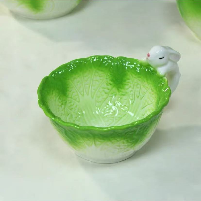 陶瓷白菜兔子手柄碗早餐杯吃饭碗沙拉碗螺蛳粉碗