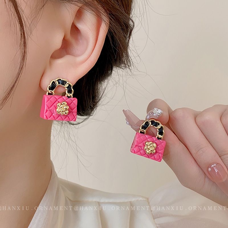 合金耳饰 银针皮革花朵玫红手提包耳环法式轻奢高级感小香风气质