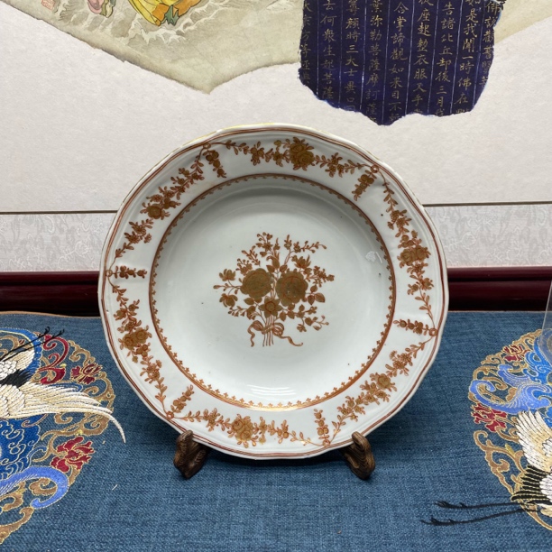 清乾隆描金花卉花口盘59/古玩收藏/KC202502100013