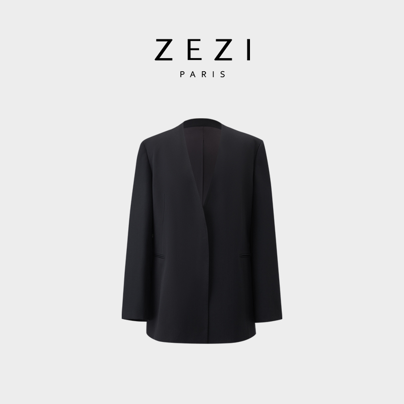 ZEZI100%澳大利亚美利奴羊毛西装极简无领西服春秋宽松外套显瘦新