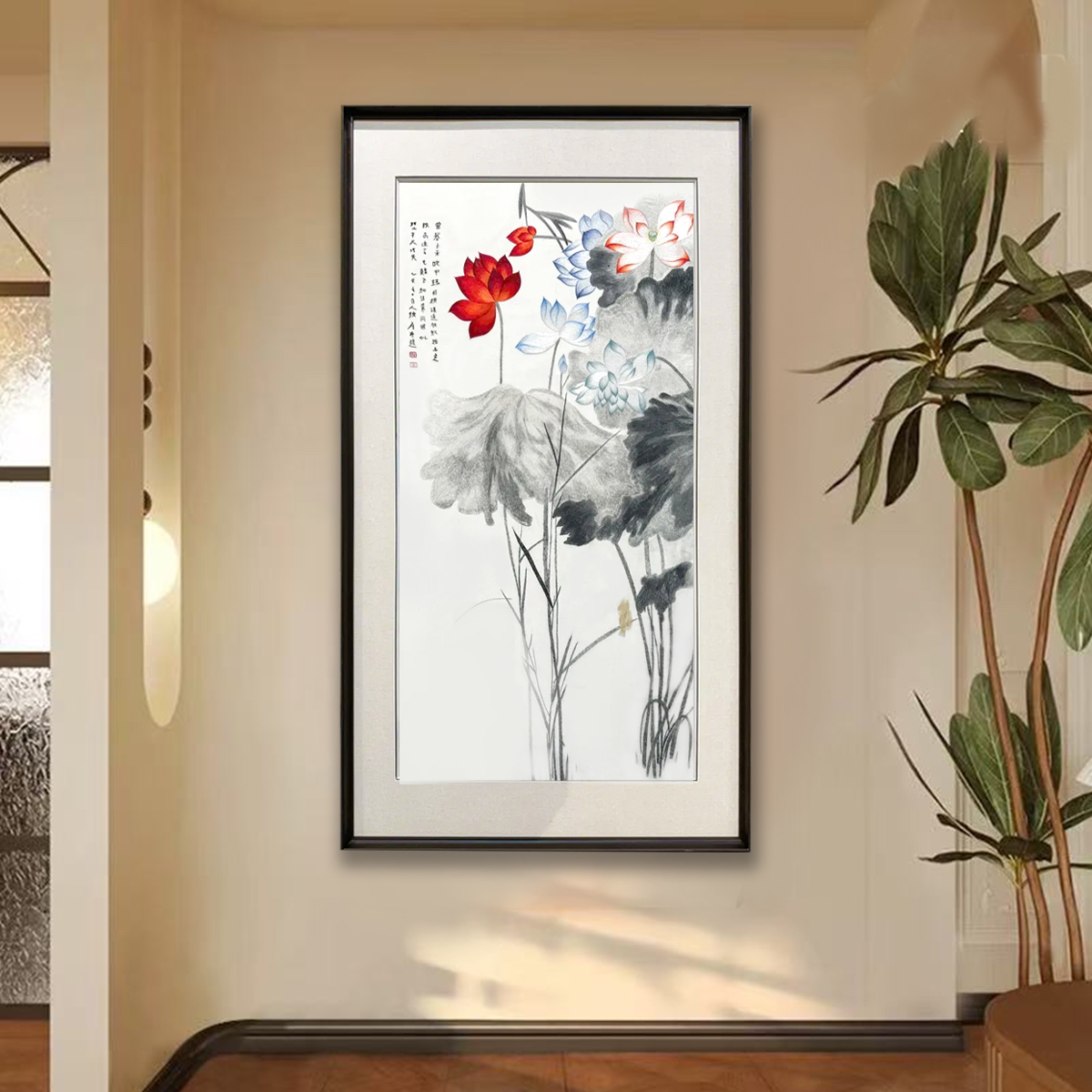 【红荷】纯手工刺绣苏绣牡丹精品玄关走廊客厅餐厅画芯50*100cm