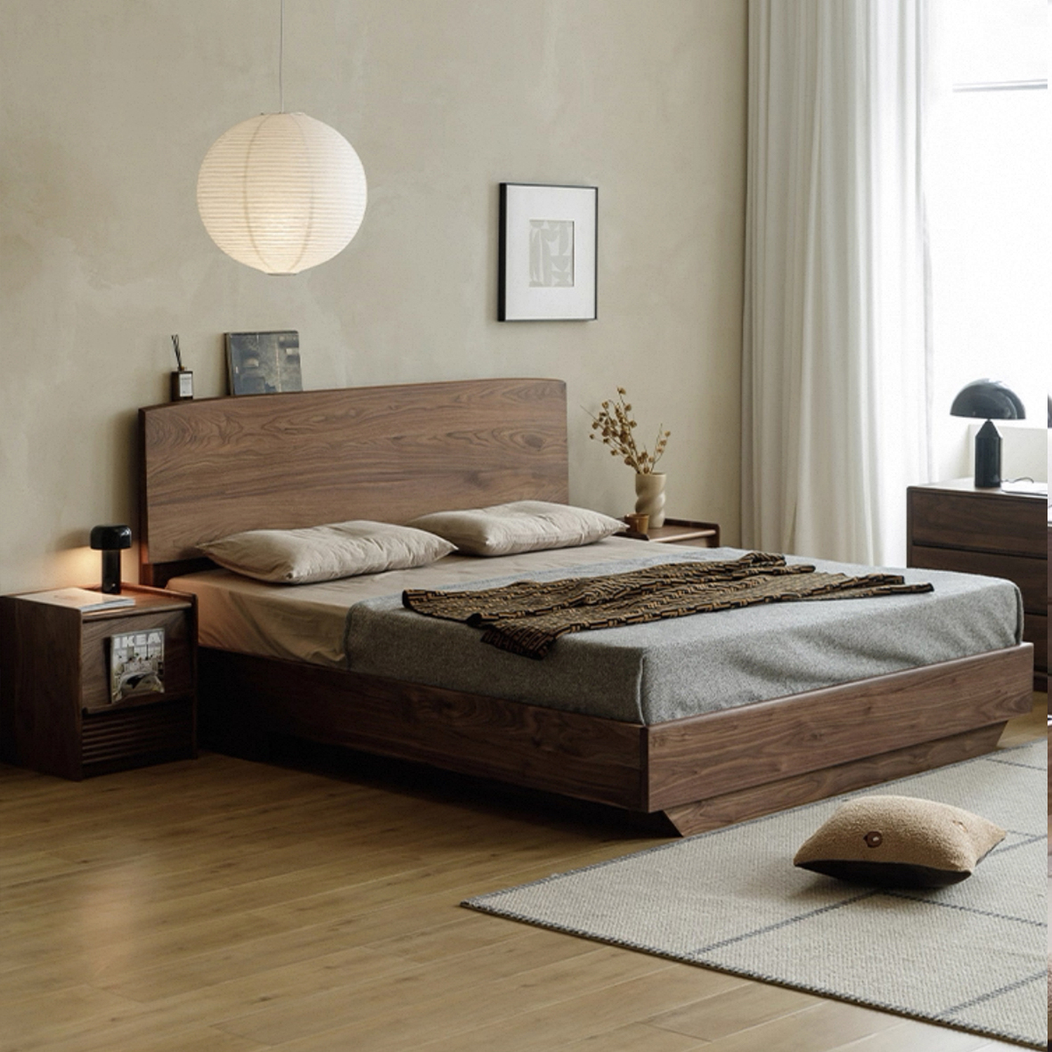 中意北美黑胡桃木实木床双人大床原木主卧大床气压储物大床