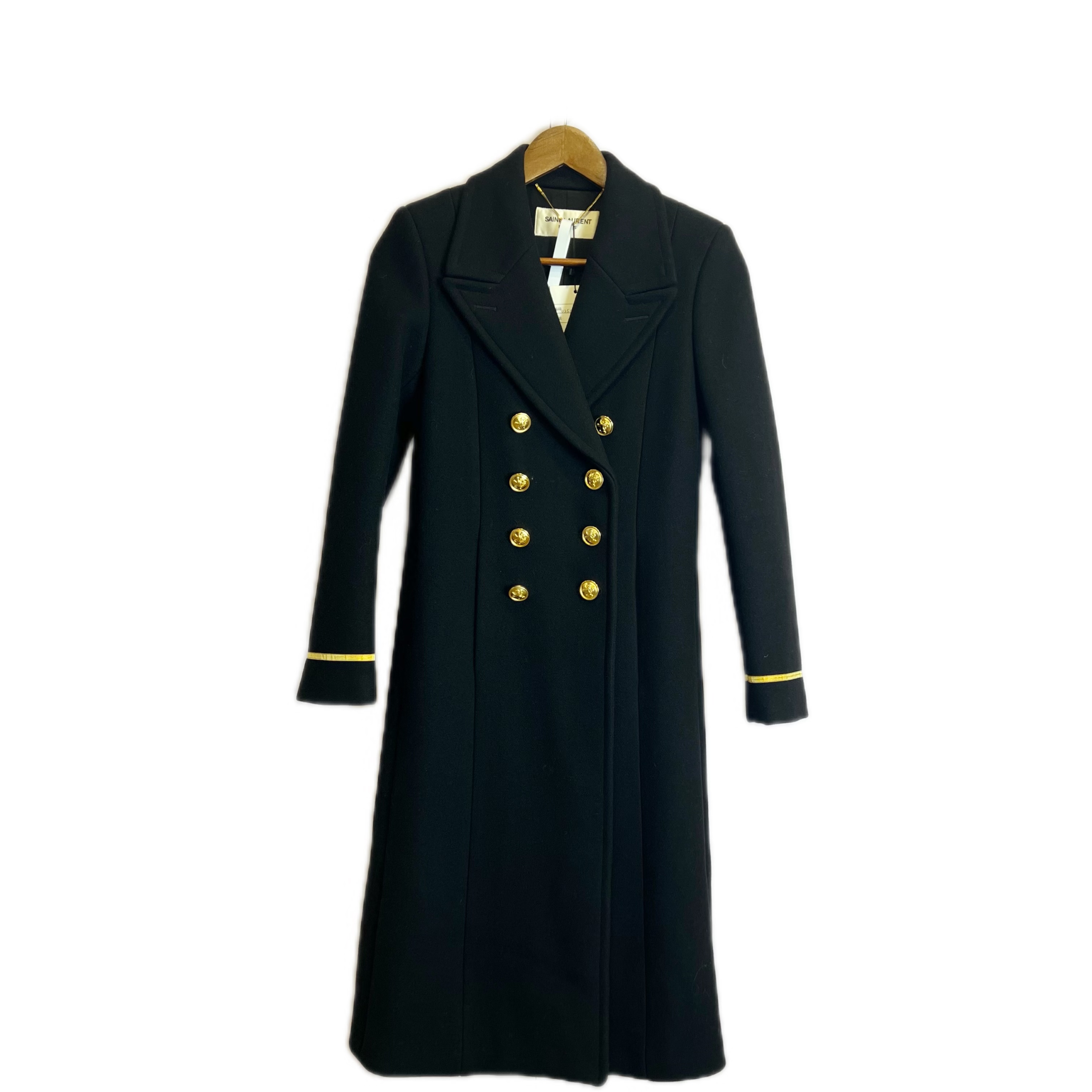 99新 YSL/圣罗兰 02510 黑金双排扣大衣34码 