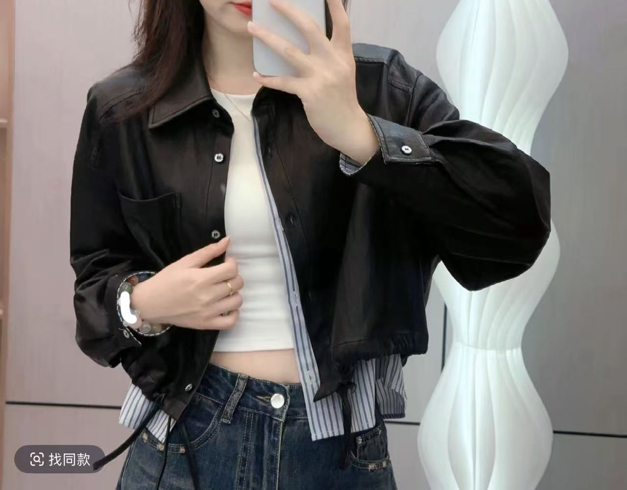 8852设计拼接外套假两件减龄下摆抽绳短外套新款上衣装正肩皮衣1