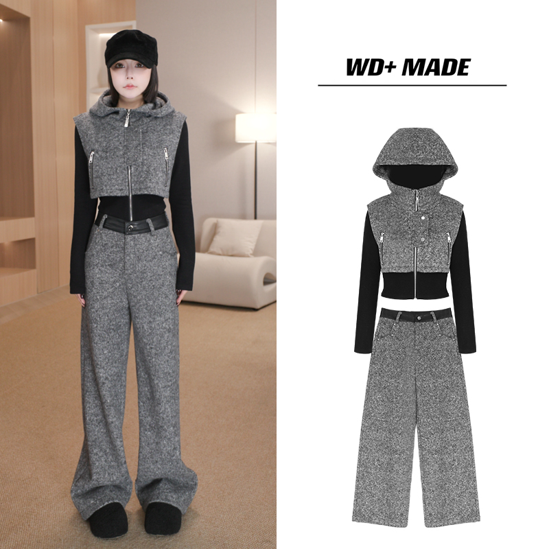 百搭设计感假两件连帽拉链显瘦长袖卫衣+高腰直筒休闲裤两件套