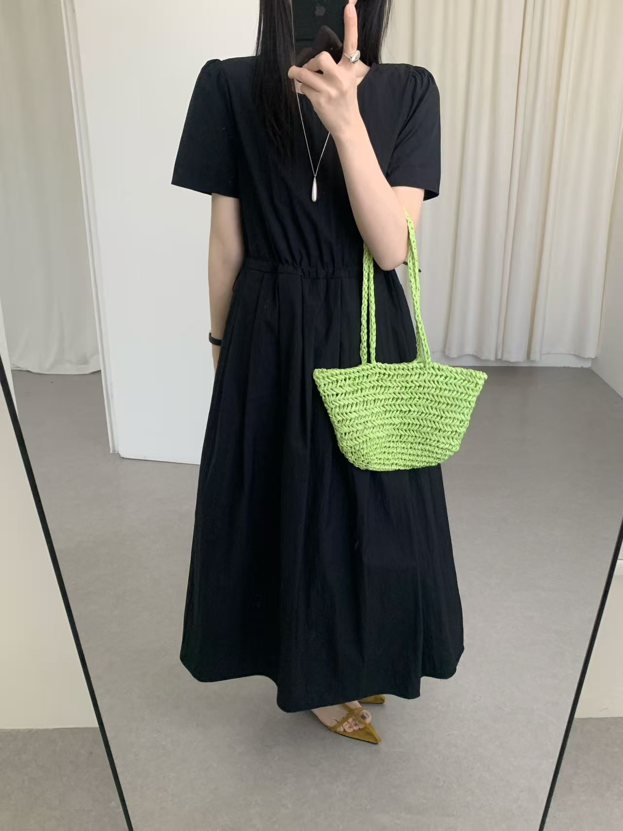 【大牙】6501 法式长裙夏季纯色抽绳收腰显瘦连衣裙子