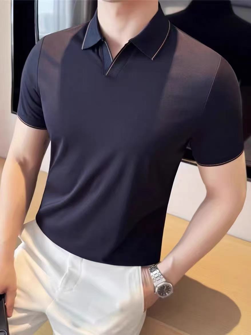 2025夏季短袖T恤薄款高端V领高级感男士POLO衫冰丝亲肤垂感翻领