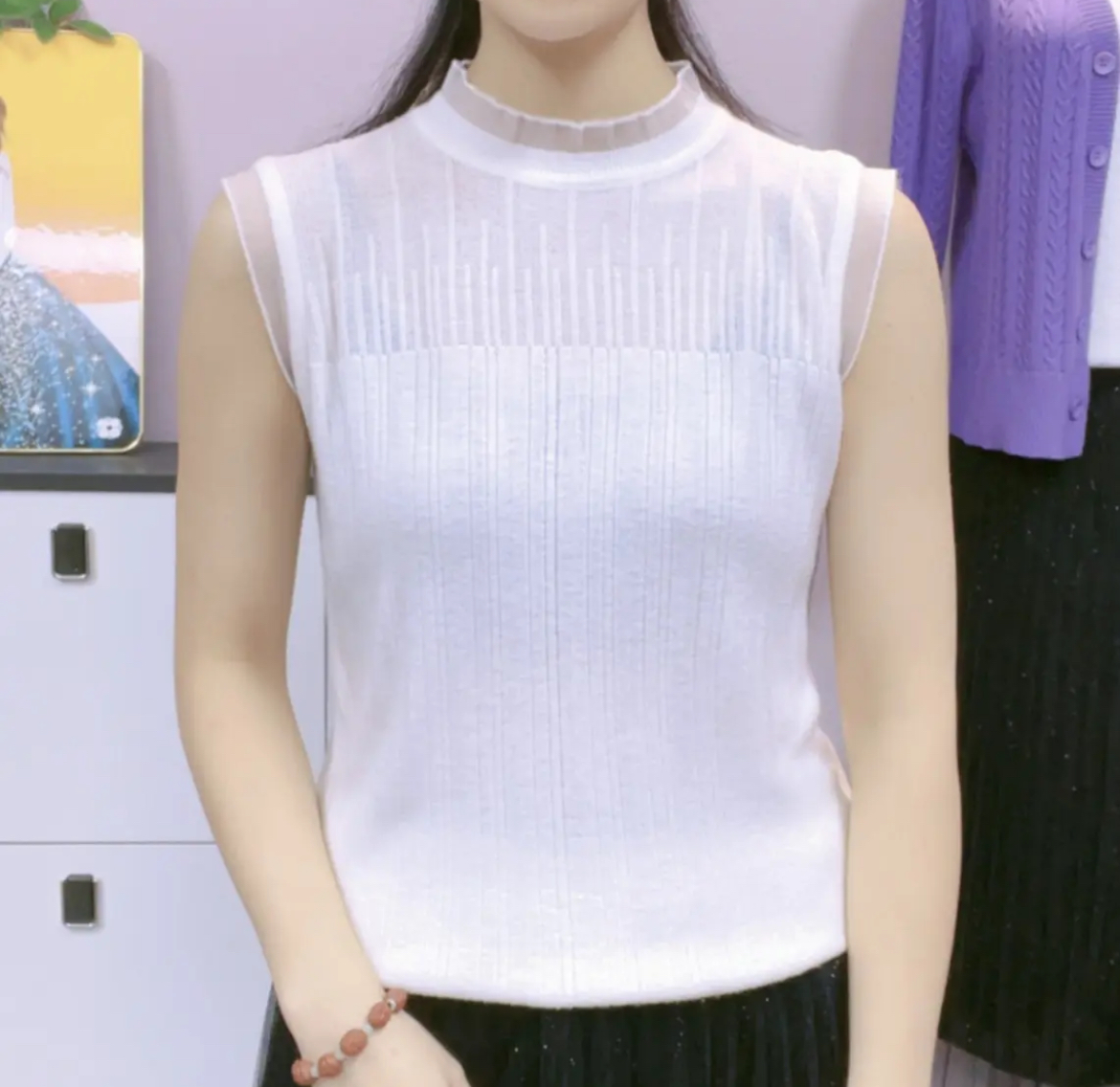 百搭春秋洋气白色半高领无袖背心女时尚内搭蕾丝镂空小吊带