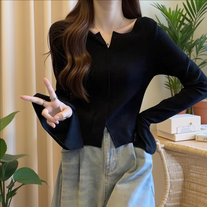 大码女装300斤胖MM正肩V领设计感喇叭袖内搭上衣66740
