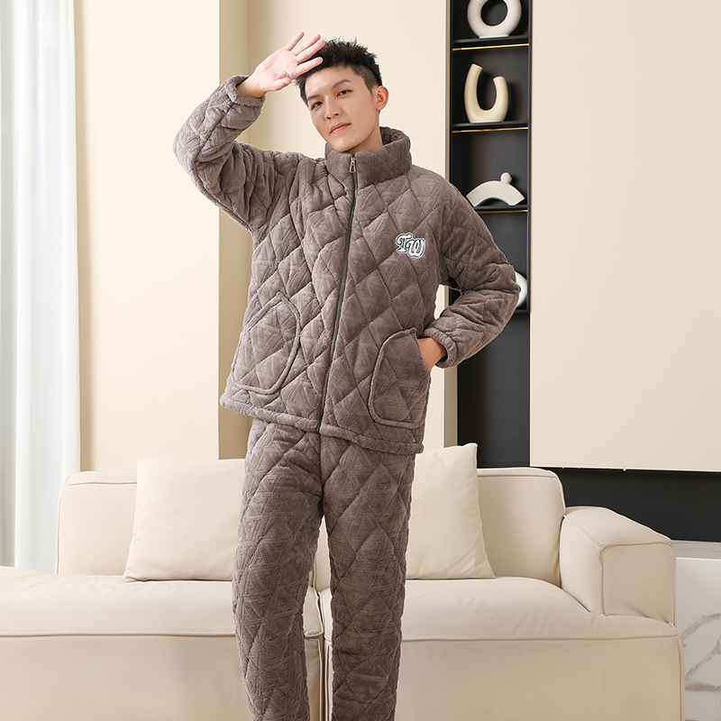【提花牛奶绒】男士冬季三层夹棉加厚加绒立领拉链可外传家居服套装