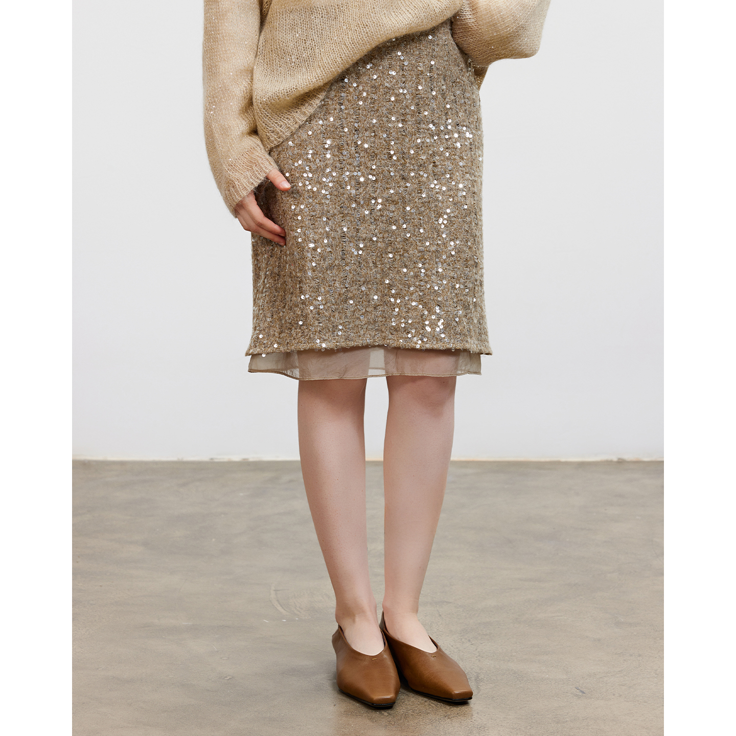 LUR 高级感轻奢高腰气质优雅亮片小开叉半身裙2025秋冬新款一步裙