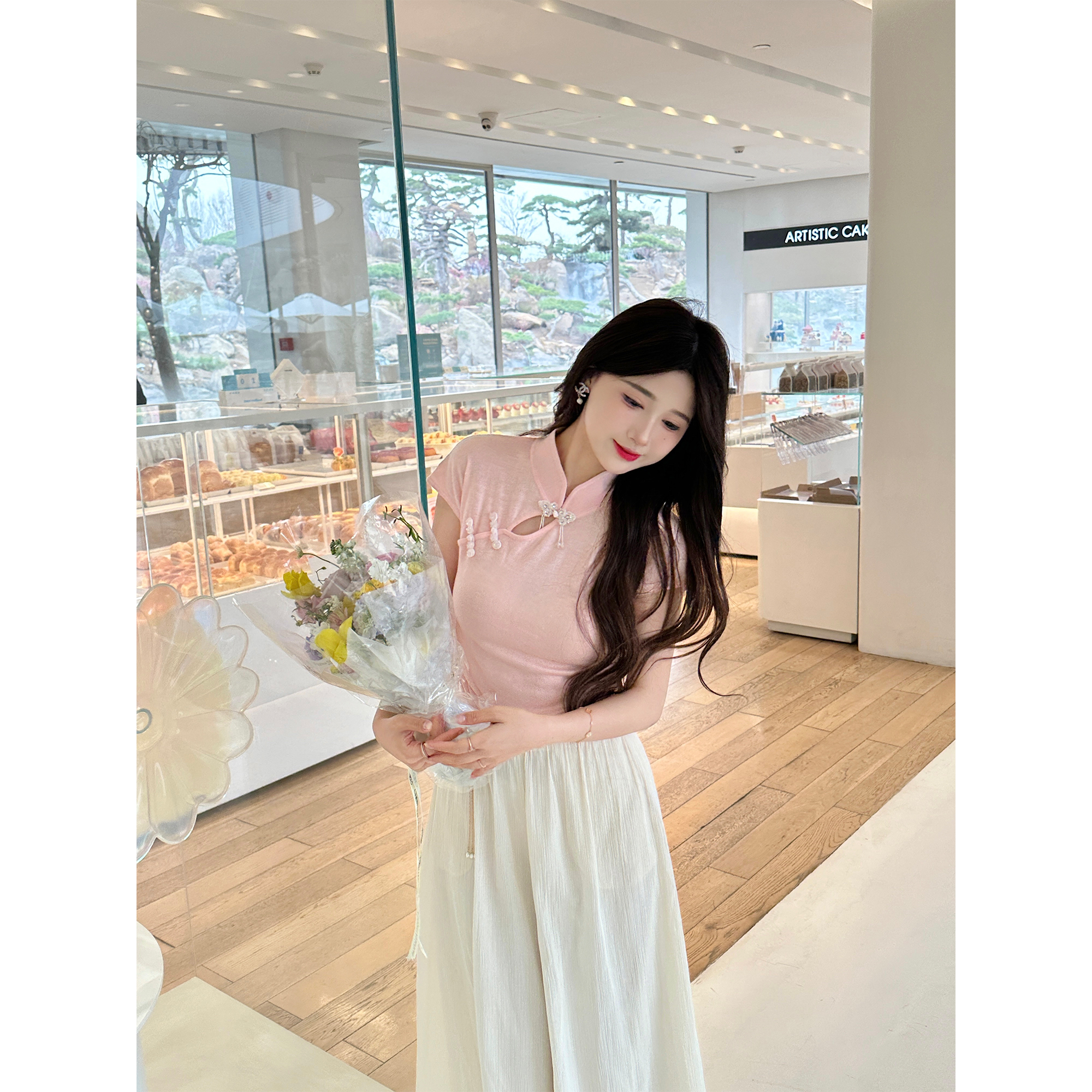 GA盈瓷粉色新中式高腰阔腿裤女宽松薄款显瘦小个子长裤 24SS0144