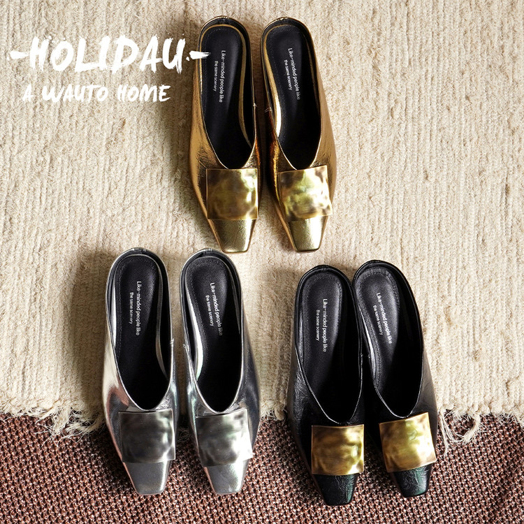 欧洲站女鞋25春季新时尚方扣金属色牛皮小方头舒适款平底包头拖鞋