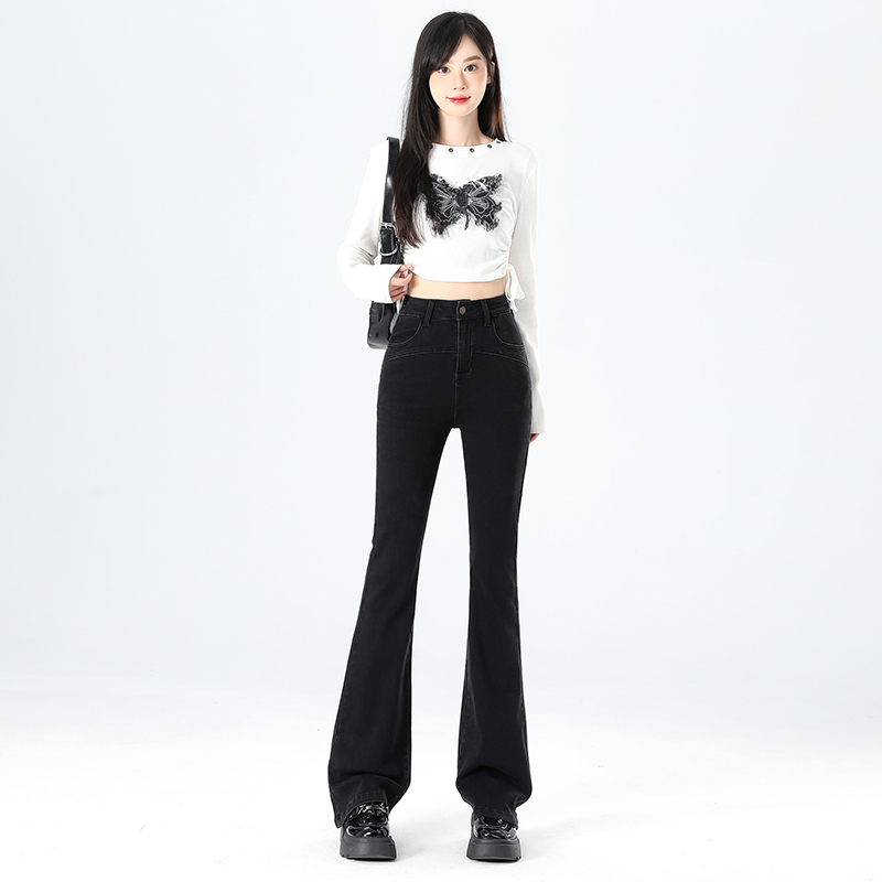 春秋季黑灰色高腰微喇牛仔裤女2025年新款韩版高弹力显瘦喇叭裤