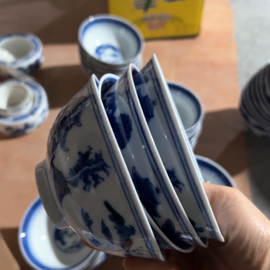 青花手绘4.5寸梧桐小饭碗4个