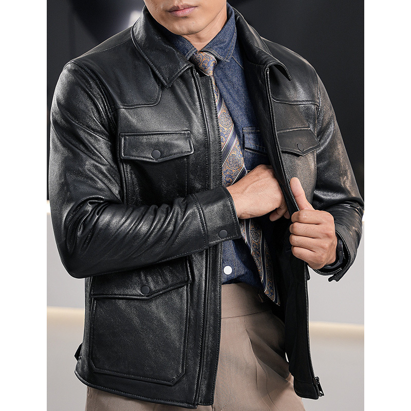 头层牛皮男士真皮好先生9820AB羽绒红雷同款牛皮翻领商务皮夹克