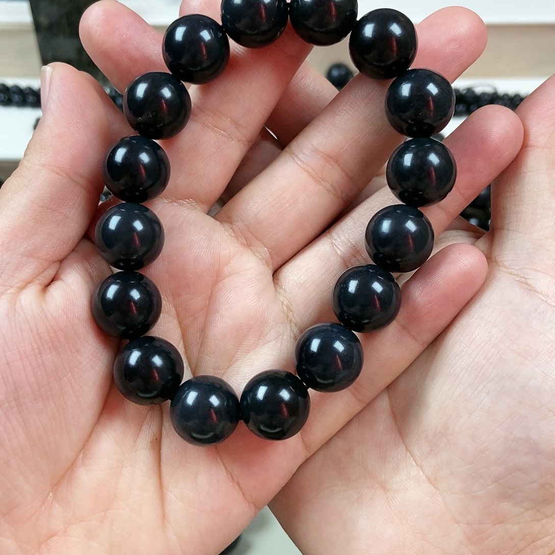 和田玉（墨玉）卡14圆珠入门级手串未镶嵌囙*