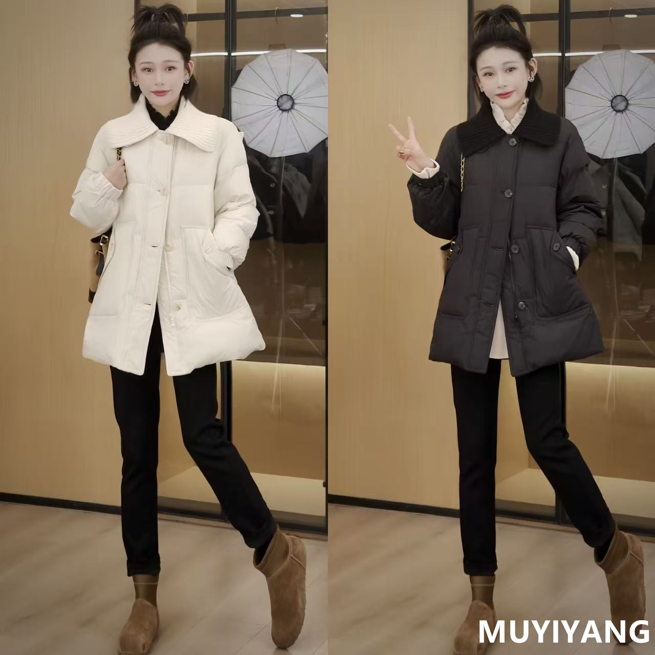 【溯屹】独特设计感针织领90白鸭绒高定羽绒服 衣长77 25-644#