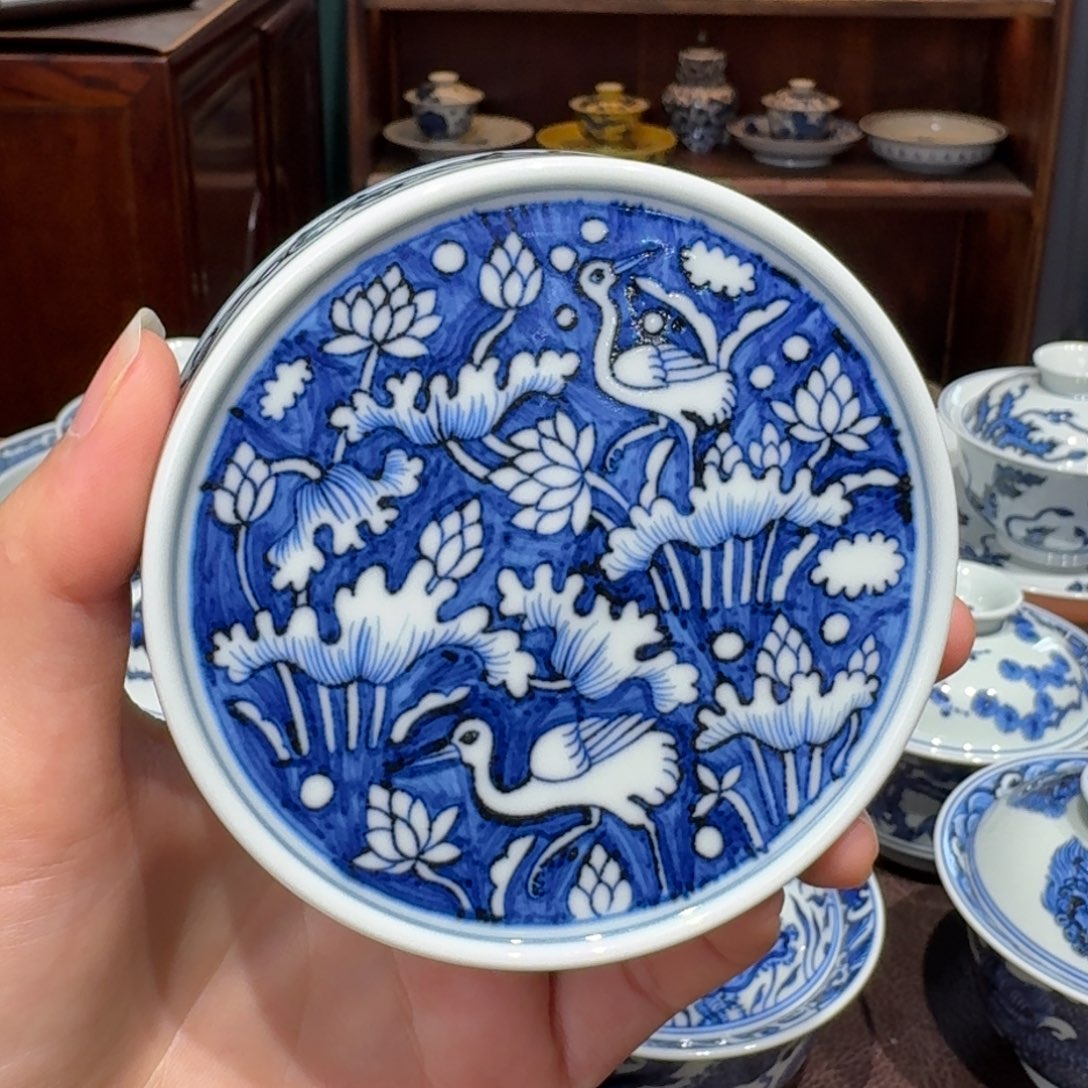 青花雯华堂手绘盖置